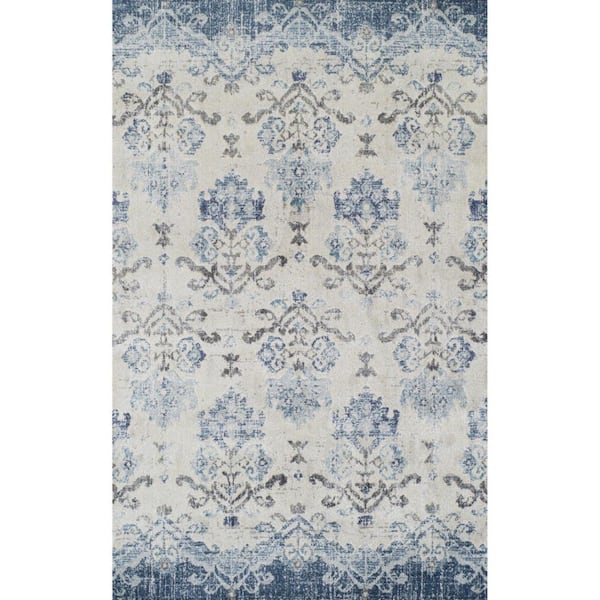 5 X 8 Blue, Ivory Oriental Runner Rug