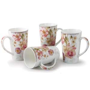 13 oz. Rose Floral Design Porcelain Coffee Mug (Set of 4)