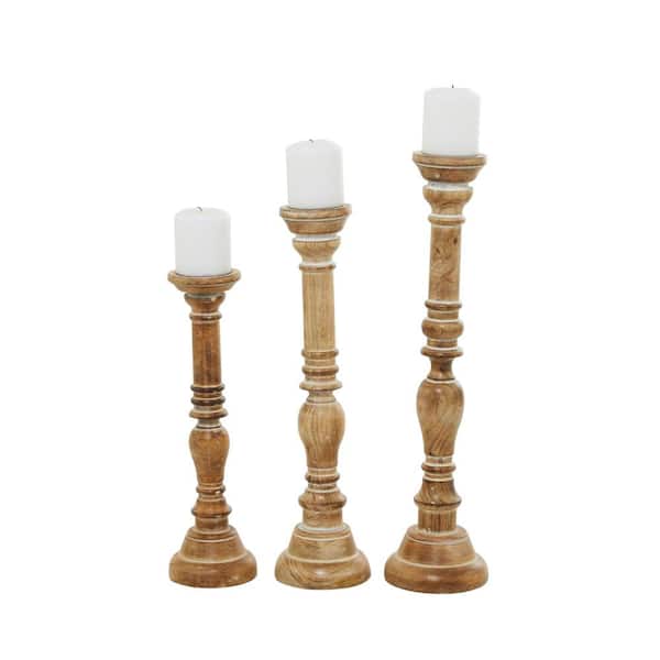Litton Lane Brown Mango Wood Handmade Candle Holder with Turned Style (Set of 3)