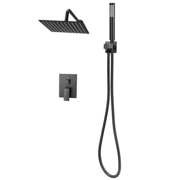 Shower Faucet Set, 10 in. Rain Shower Head, Handheld Spray, Wall Mounted Brass Valve, Matte Black Bathroom System
