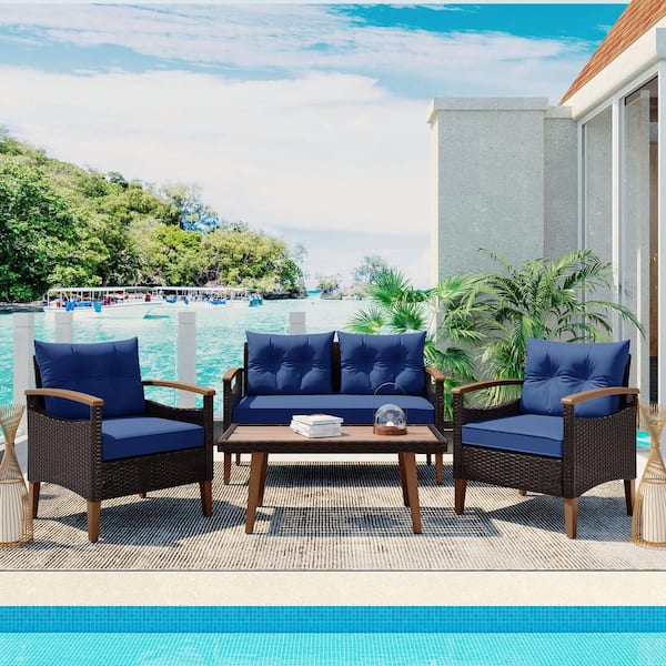 Unbranded 4-Piece Brown Rattan Wicker Patio Conversation Set with Blue Cushions and Pillows