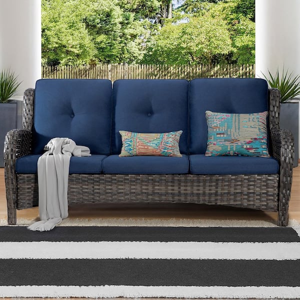 JOYSIDE 3-Seat Wicker Outdoor Patio Sofa Sectional Couch with Blue Cushions