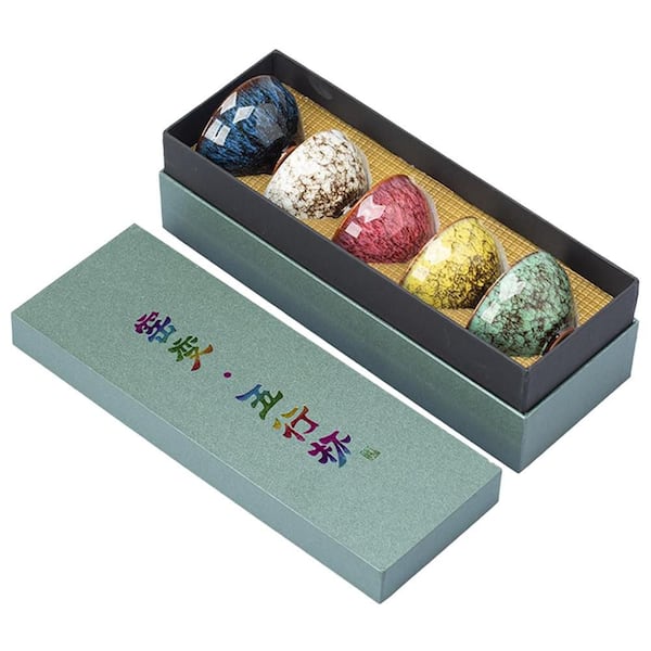 5-Piece Ceramic Tea Cup Set Ancient Kiln Color Changing Porcelain Unique Texture Elegant Colors Gift Packaging