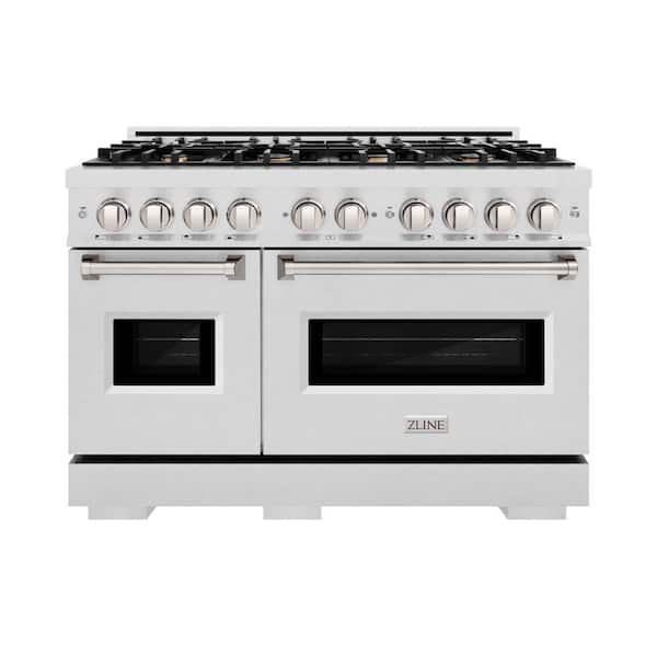 48 in. 6.7 cu. ft. Classic Double Oven Gas Range in Satin Stainless Steel with 8 Brass Burners