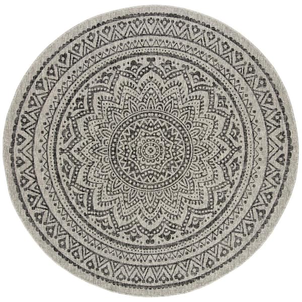 Courtyard Light Gray/Black 9 ft. x 9 ft. Round Medallion Indoor/Outdoor Area Rug