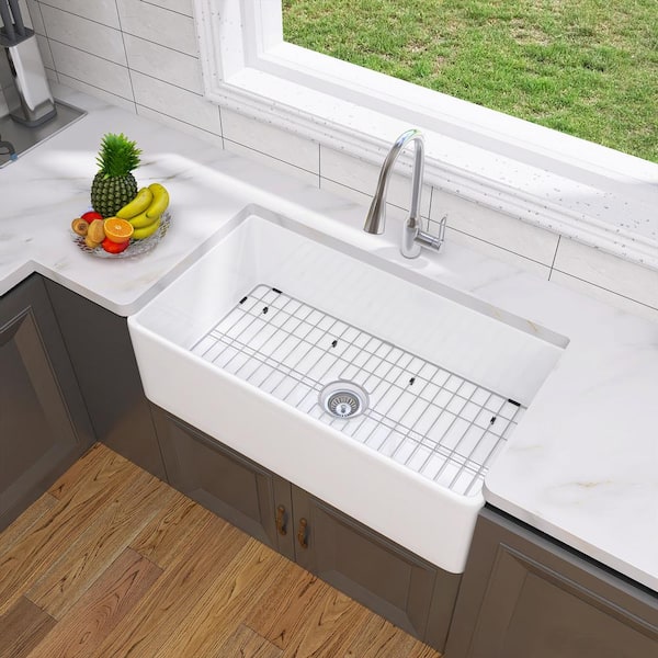 White Fireclay 30 in. Single Bowl Farmhouse Apron Kitchen Sink with Stainless Steel Grid and Strainer