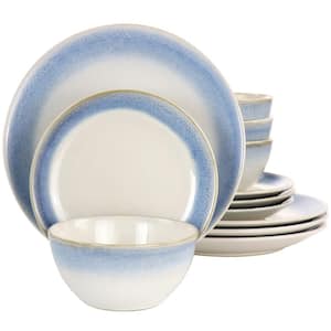 Martha Stewart 12 Piece Reactive Glaze Rimmed Stoneware Dinnerware Set in Blue Service for 4