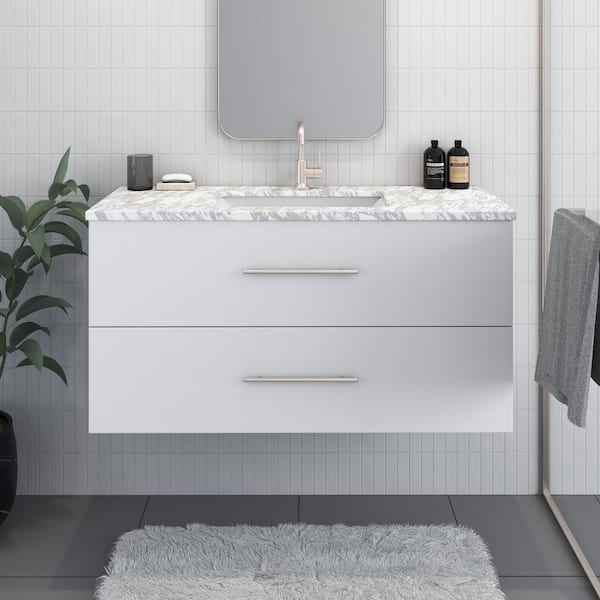 Napa 48 W x 22 D x 21-3/4 H Single Sink Bathroom Vanity Wall Mounted in White with Carrera Marble Countertop