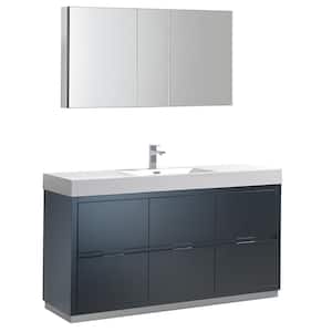 Valencia 60 in. W Vanity in Dark Slate Gray with Acrylic Vanity Top in White with White Basin and Medicine Cabinet