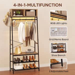 Pinewood Multi-Functional Hall Tree and Coat Rack Combo with LED Light, Hook, Shoe Rack and Bench