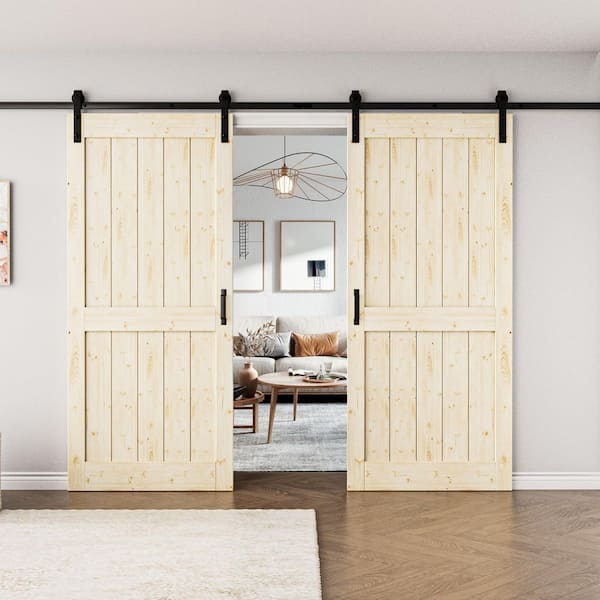 72 in. x 84 in. H Shape Panel Solid Core Unfinished Pine Wood Sliding Barn Door with Hardware Kit and Soft Close