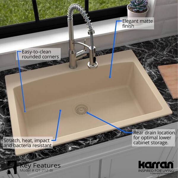 Karran Drop In Quartz Composite 33 In 1 Hole Single Bowl Kitchen Sink In Bisque Qt 712 Bi The Home Depot