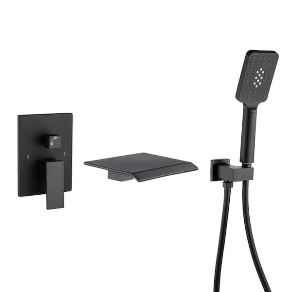 RAINLEX Single-Handle Wall Mount Roman Tub Faucet with Waterfall Tub Spout and Rough-In Valve in Matte Black