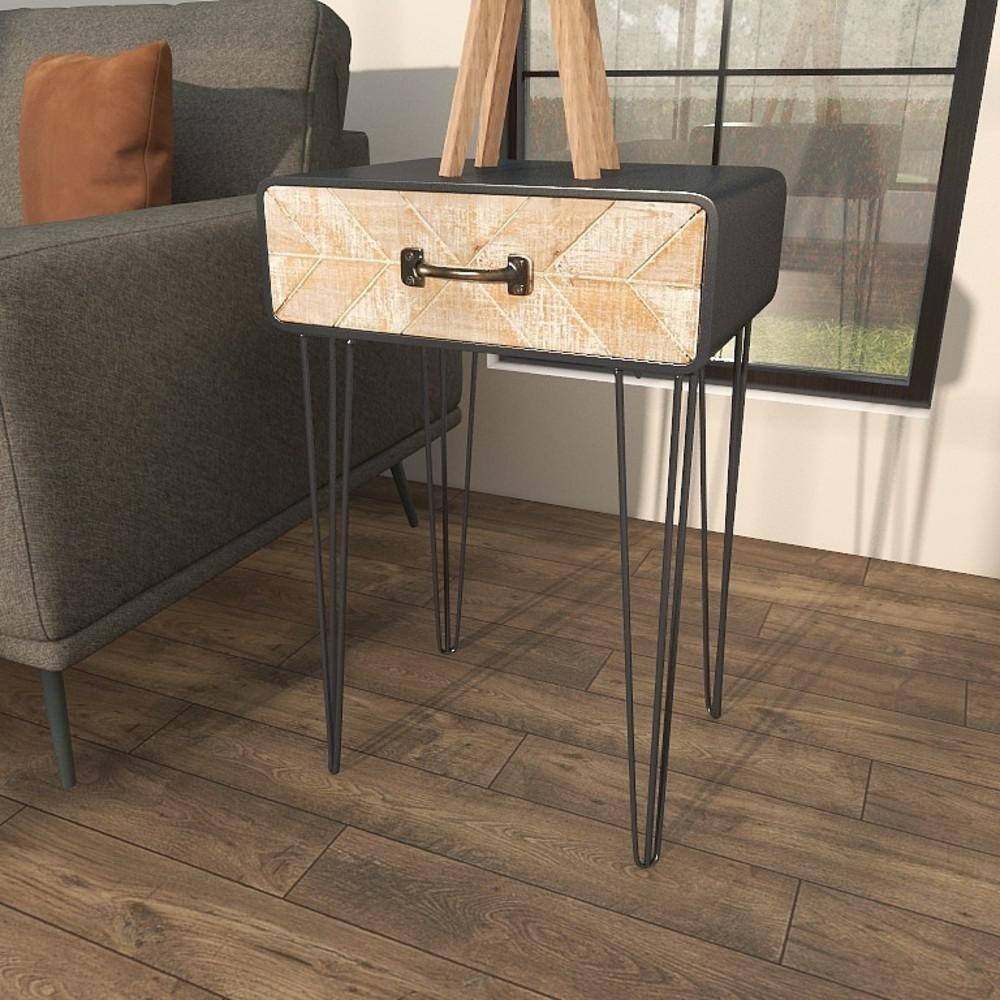 Black and Beige Metal Wood Accent Table with Drawer