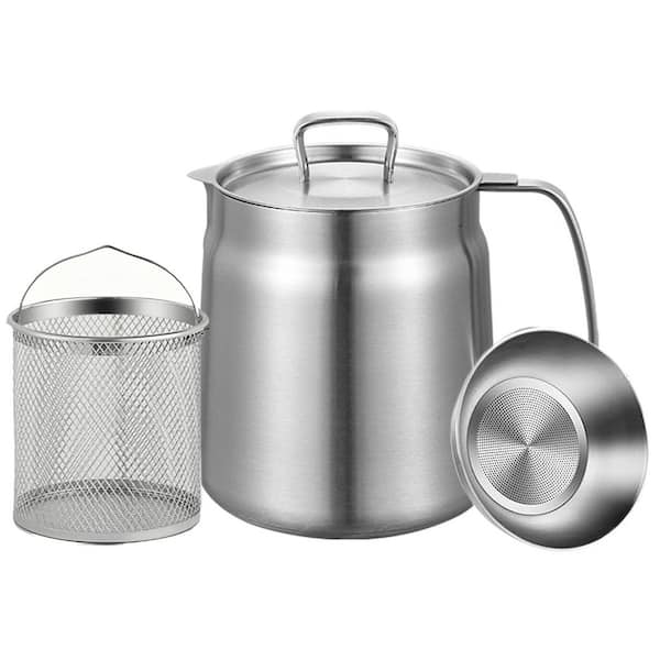 2 qt. Stainless Steel Stock Pot in Silver with Deep Frying Basket and Fine Mesh Oil Strainer for Kitchen