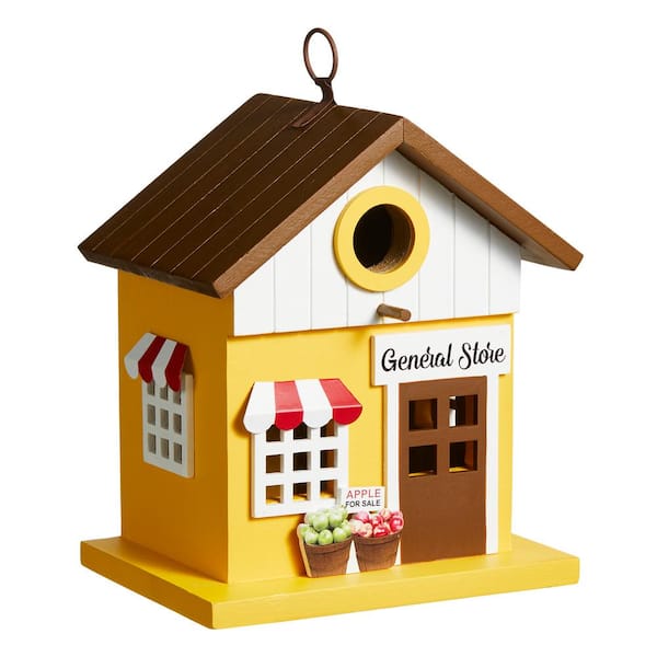 Glitzhome 9.5 in. H Modern Solid Wood Yellow General Store Decorative Outdoor Garden Birdhouse