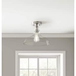 1-Light Integrated LED Silver Semi-Flush Mount Chandelier With Clear Glass Shade