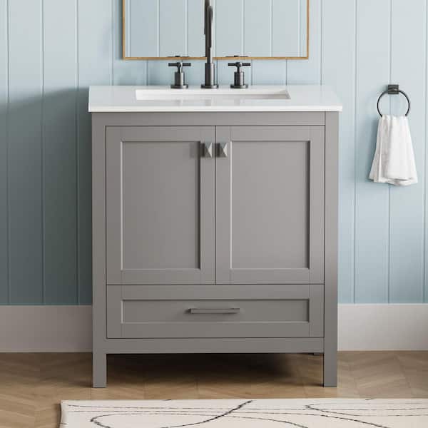 30 in. Single Sink Freestanding Gray Bath Vanity with White Marble Top, Open Back for Plumbing, Fully Assembled