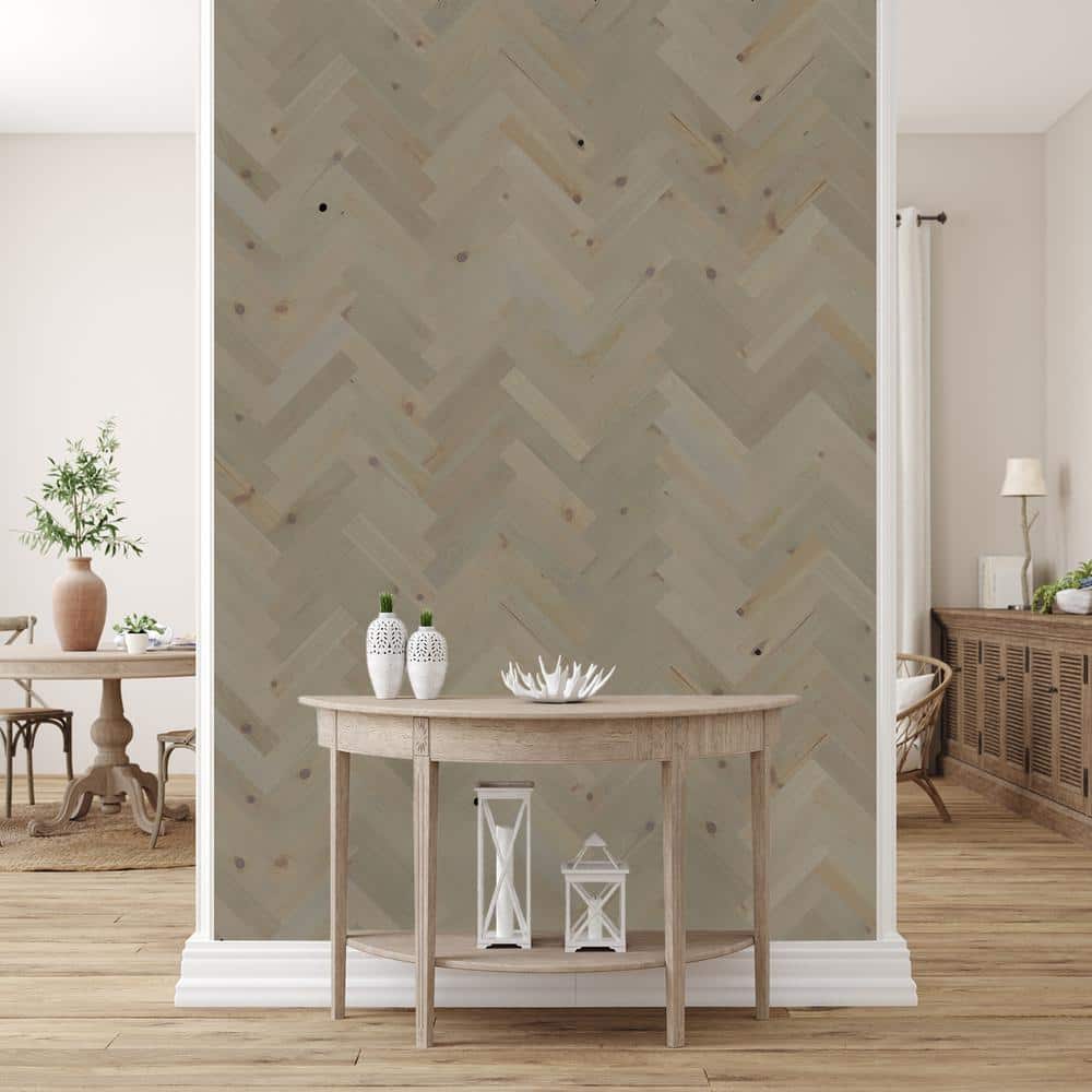 Pebble Gray Herringbone Self-Adhesive Red Pine Wall Planks, 10sq/ft