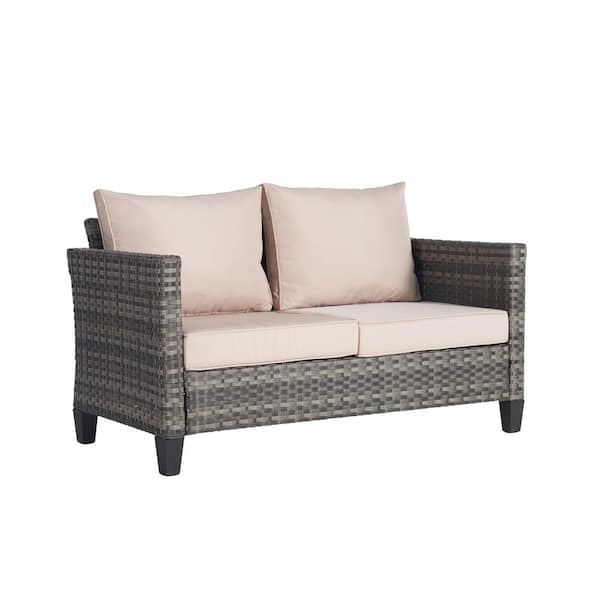 BFB 1-Piece Wicker Outdoor Loveseat Sofa with Sand Cushion