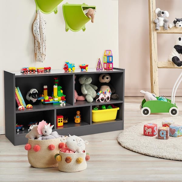 Kids 5-Cube 44 in. Grey Toy Storage Cabinet 2-Shelf Wooden Bookcase School Organizer