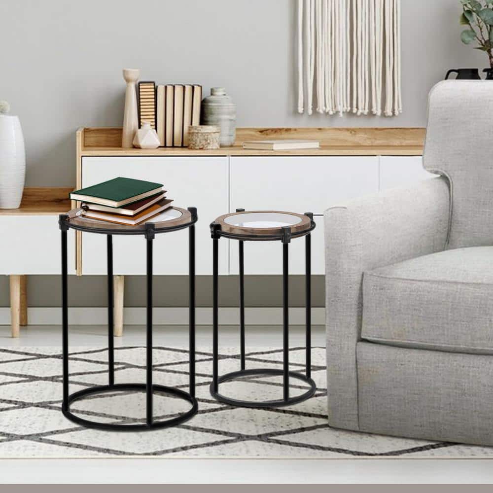 LuxenHome 2-Piece Black Metal and Glass Round Accent Tables