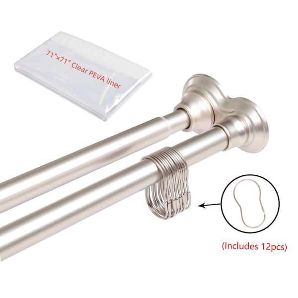 72 in. Aluminum Double Tension Shower Curtain Rods, Includes Shower Liner and Shower Hooks, Brushed Nickel.