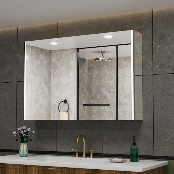 Rina 48 in. W x 32 in. H Rectangular Aluminum Surface/Recessed LED Medicine Cabinet with Mirror, Dimmable, Fog Free