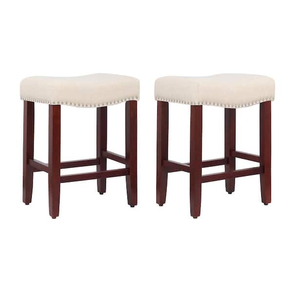 WESTINFURNITURE Jameson 24 in. Counter Height Cherry Wood Backless Barstool with Upholstered Beige Linen Saddle Seat (Set of 2)