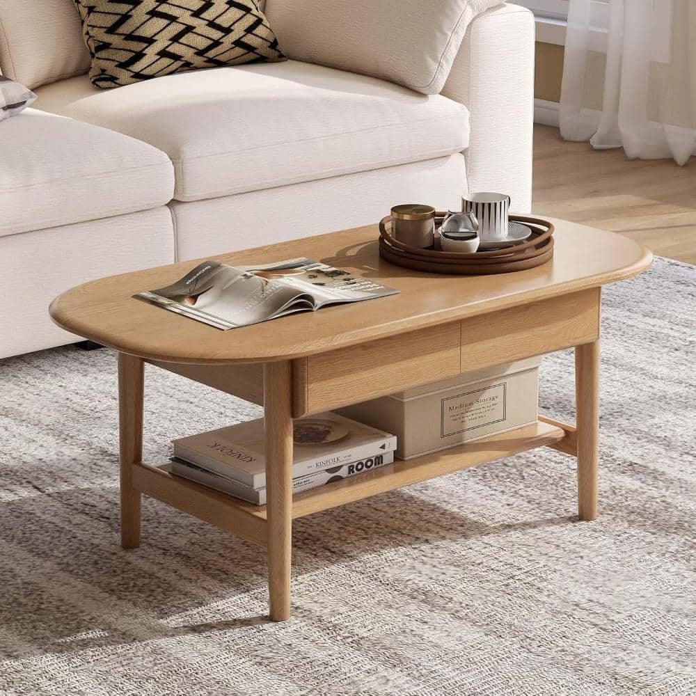 Solid Wood Coffee Table for Living Room, 2-Tier Coffee Table with 2 Drawers and Shelf Storage