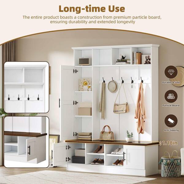 Polibi Farmhouse Hall Tree with 6 Hooks, Walnut Storage Bench with
