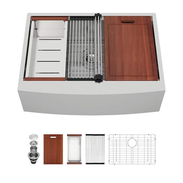 Logmey 30 in. Stainless Steel Single Bowl Apron Front Farmhouse Workstation Kitchen Sink with Sliding Accessories