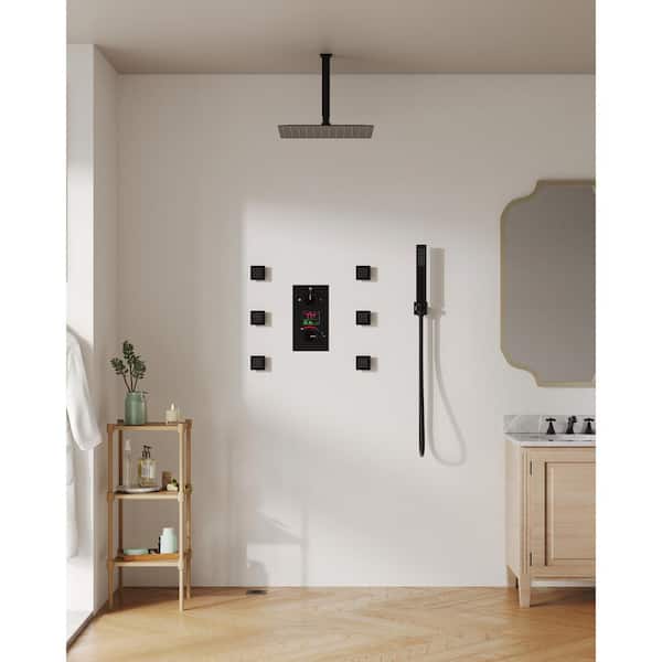 LCD Temp&Time Display 3-Spray 12 in. Black Ceiling Mount Shower System with Shower Head Handheld Set