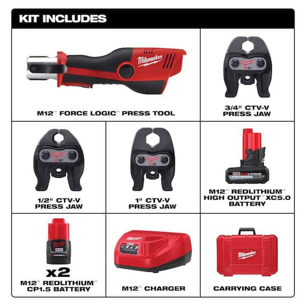 M12 Lithium-Ion Force Logic Cordless Copper Press Tool Kit with Two 1.5 Ah Battery, Hard Case, and M12 XC5. 0AH Battery