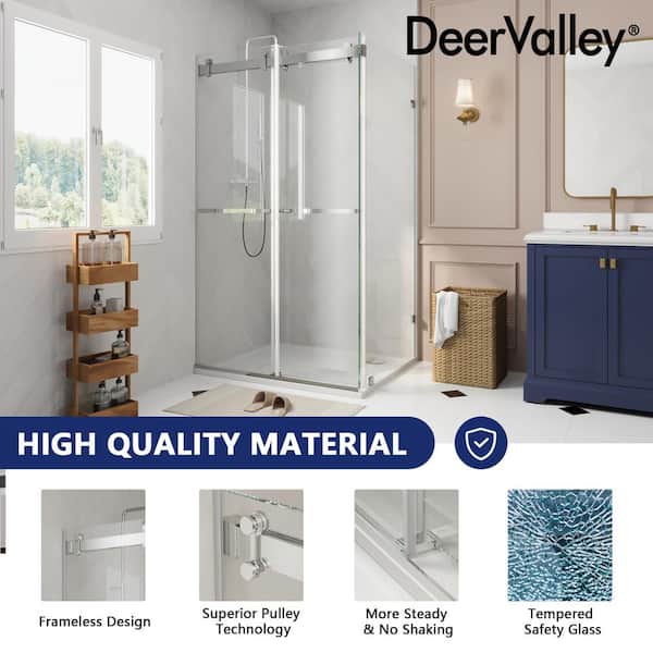 DEERVALLEY 43 in. W x 34 in. D x 74 in. H Rectangular Sliding Frameless Corner Shower Enclosure in Chrome with 3/8 in. Clear Glass