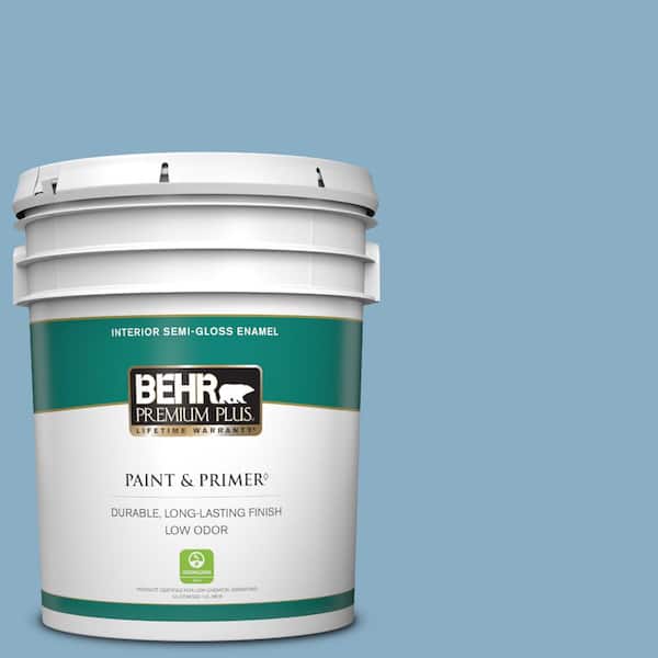 BEHR PREMIUM PLUS 5 gal. #S500-4 Chilly Blue Semi-Gloss Enamel Low Odor Interior Paint & Primer