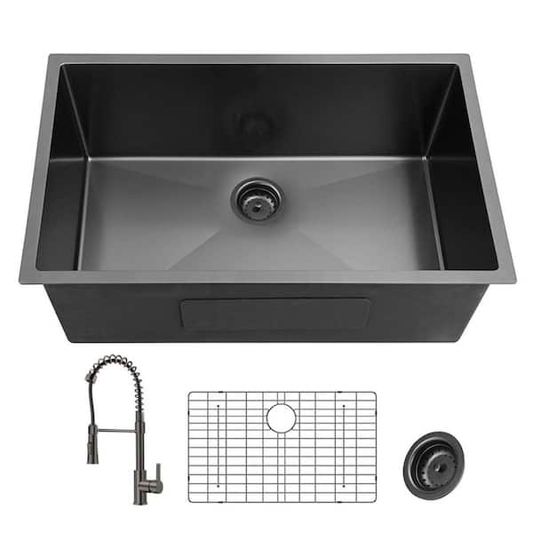 27 in. Undermount Single Bowl 18 Gauge Gunmetal Black Stainless Steel Kitchen Sink with Faucet and Bottom Grids