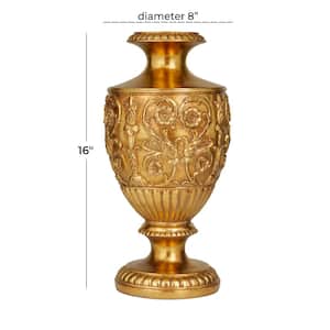 16 in. Gold Carved Polystone Decorative Vase