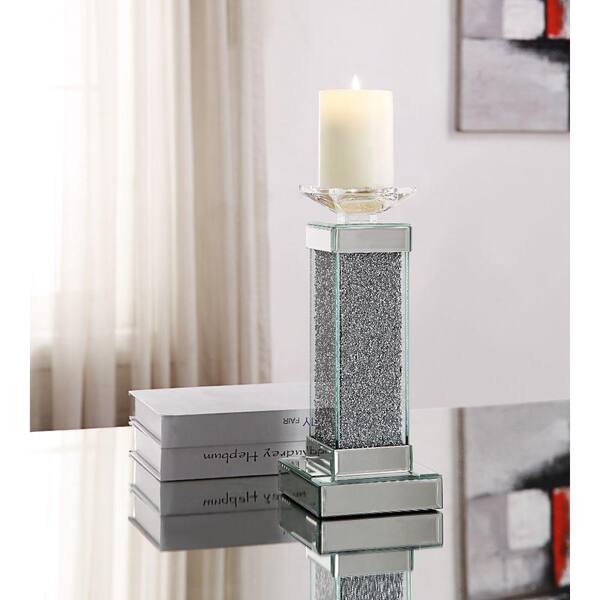 Benjara Silver Candle Holder with Mirror Panels and Faux Crystal