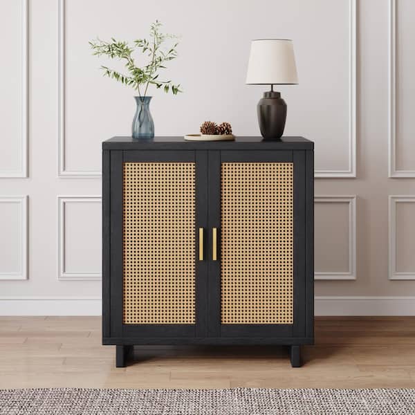 Uixe Black 31.7 in. H 2-Rattan Doors Accent Storage Cabinet with 3-Shelves and Wood base