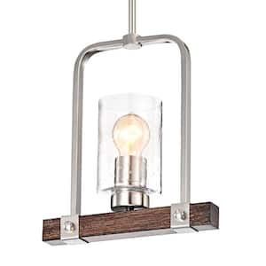 1-Light Brushed Nickel and Wood Finish Farmhouse Pendant Light with Seedy Glass Shade