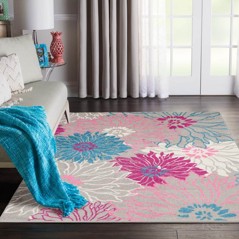 Gray and Pink Floral Synthetic 5' x 7' Area Rug
