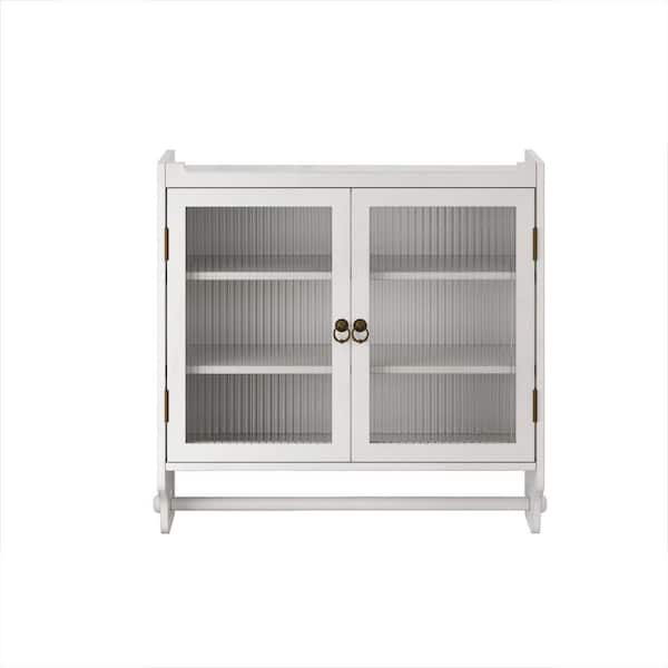 Kitchen Pantry with Towel Rack, Glass Door Vintage Double Door Wall Cabinet with Three Tiers of Storage in White