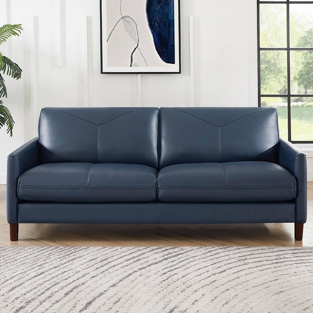 Yorkdale 83.5 in. Square Arm Top Grain Leather Square 2-Seat Sofa in Navy B