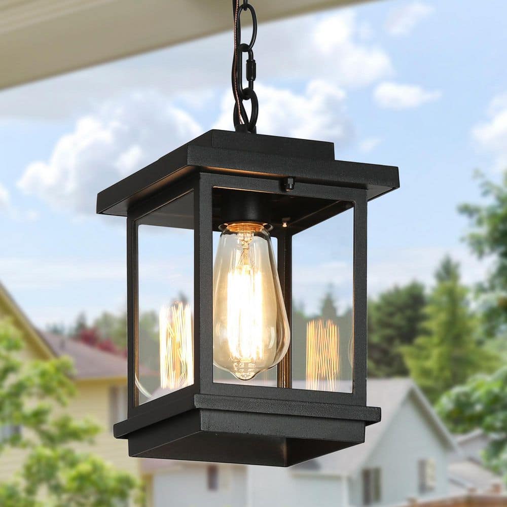 15'' Large Outdoor Pendant Light, Modern Outside Chandelier Hanging Lantern Matte Black Clear Glass Exterior Lighting Fixture Ceiling Mount Porch Gazebo