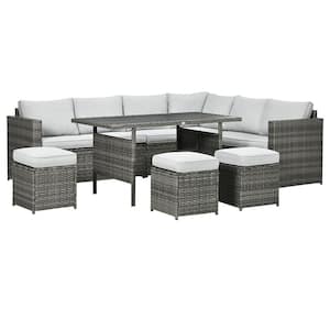 Mixed Gray 7-Piece PE Rattan Patio Conversation Set with White Cushions