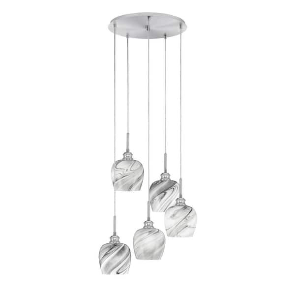 Unbranded Albany 60-Watt 19.25 in. 5-Light Brushed Nickel Cord Pendant Light Onyx Swirl Glass Shade