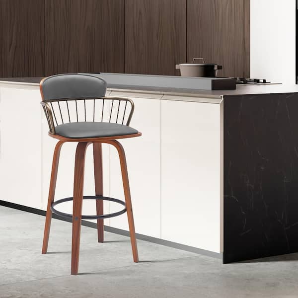 Armen Living Willow Swivel 30 in. Grey/Walnut and Golden Bronze Wood Bar Stool with Grey Faux Leather Seat