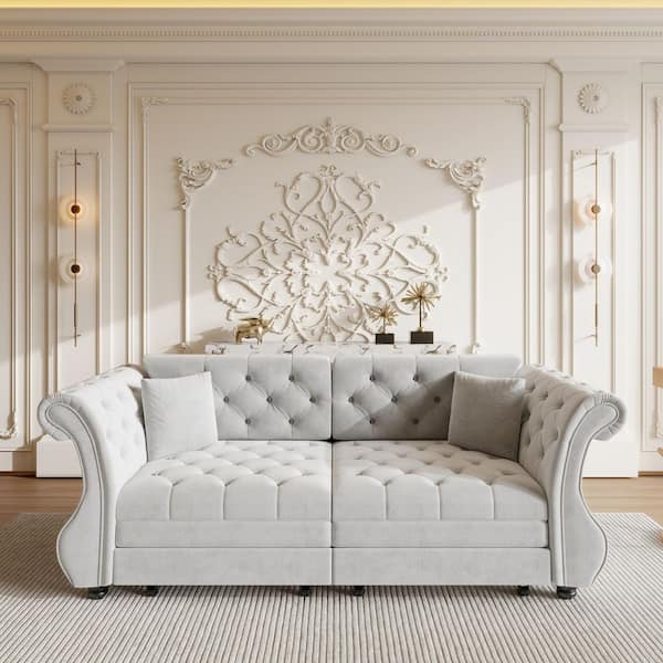 83.8 in. Light Grey Oversized Chesterfield Velvet Queen Size Sofa Bed, Pull Out Sleeper Couch with Roll Arms and Tufting