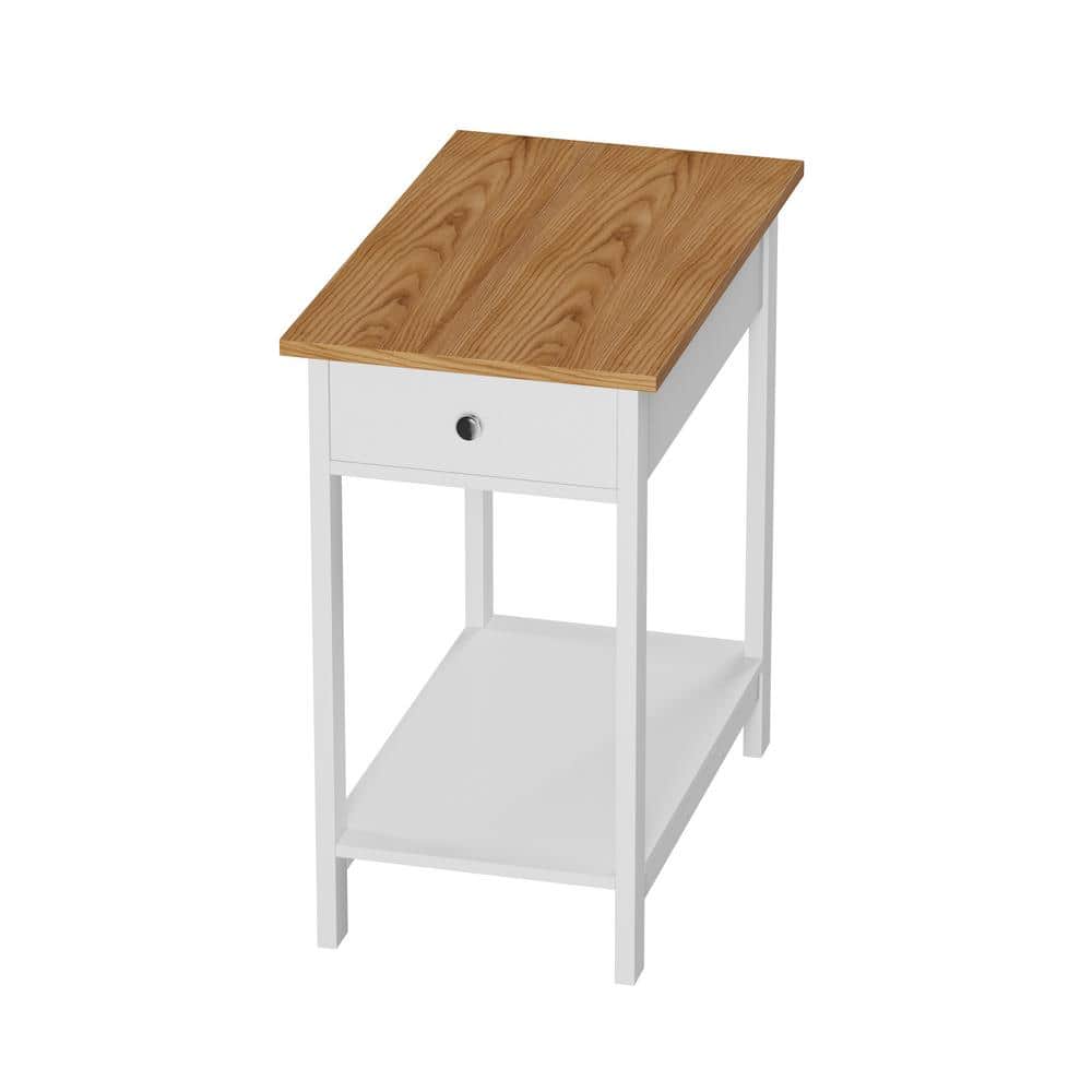 White and Oak Slim Rectangular End Table with Storage